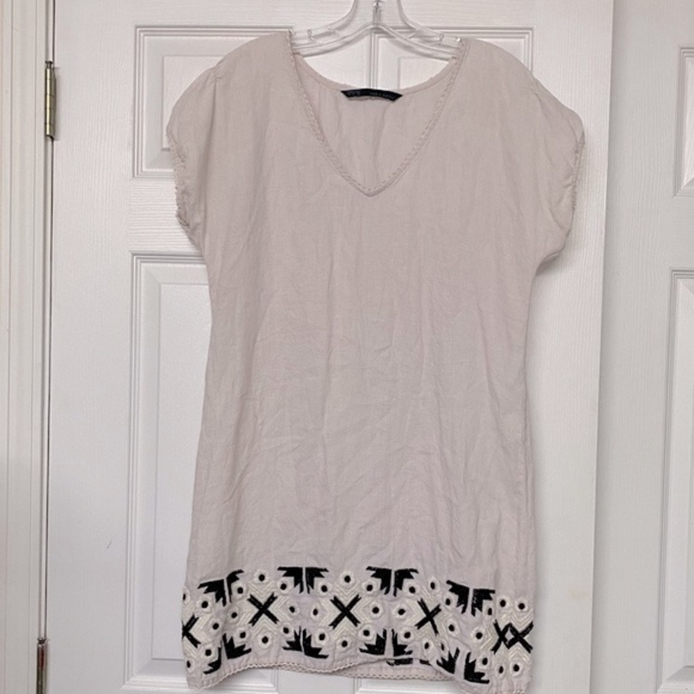 Zara Flax Embroidered Hem Shift Dress Neutrals BoHo Sz M